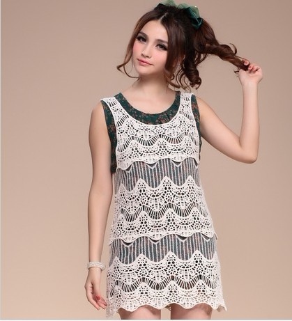 2012 summer women's crochet lace spaghetti strap cutout 101 knitted one-piece dress