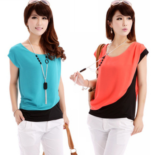 2012 summer women's fashion o-neck color block decoration loose short-sleeve chiffon shirt chiffon