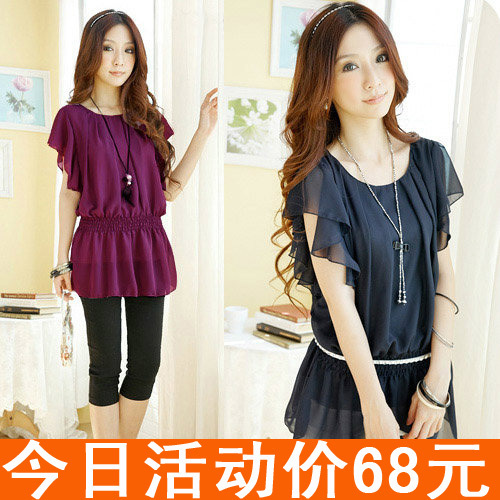 2012 summer women's lace slim waist chiffon top long design short-sleeve chiffon shirt