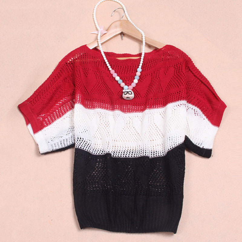 2012 summer women's loose batwing sleeve cutout color block decoration air conditioning shirt sweater female sweater