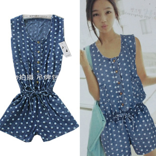 2012 summer women's shorts plus size round polka dot one piece denim shorts jumpsuit female trousers