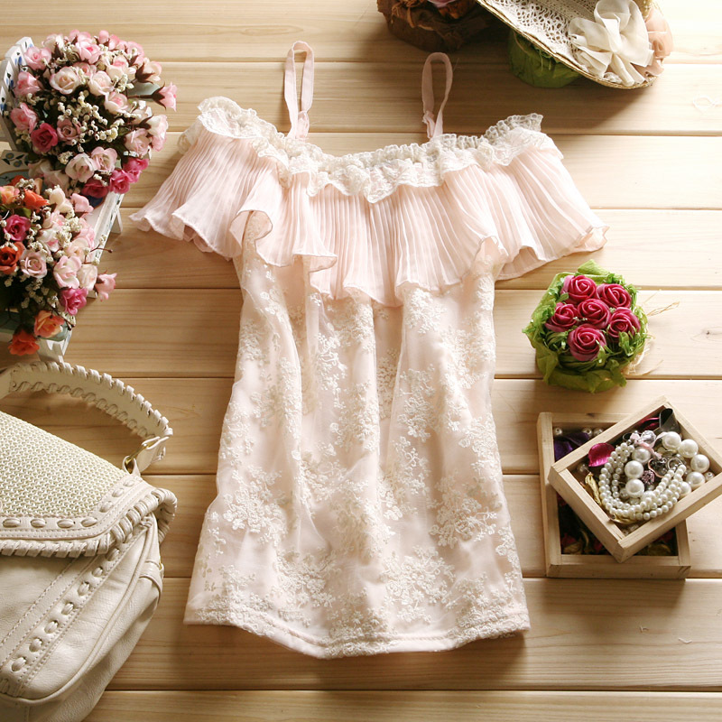 2012 summer women's slit neckline short-sleeve lace shirt batwing sleeve lotus leaf laciness double layer shirt