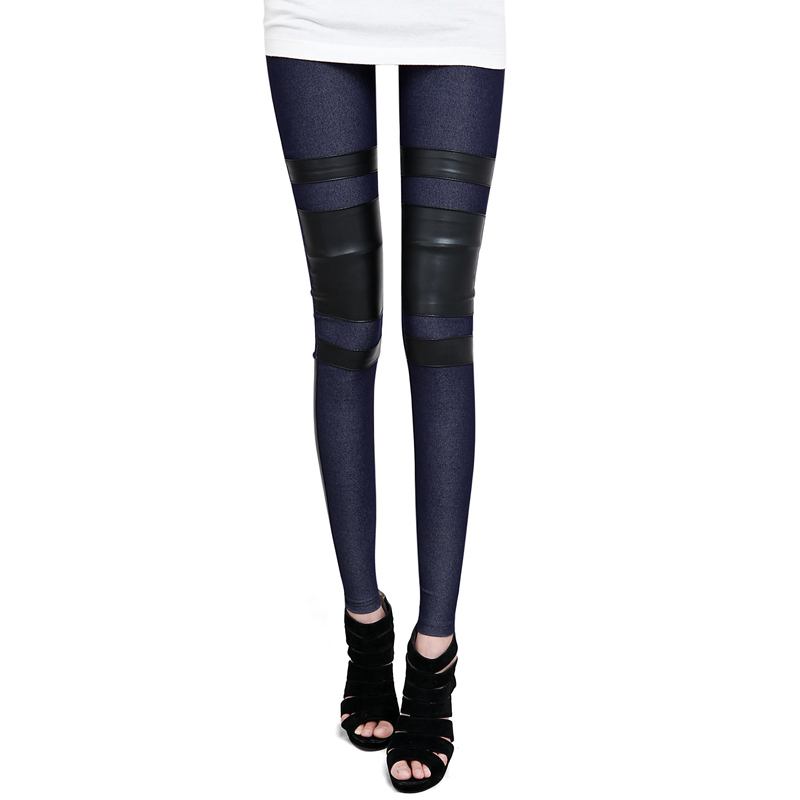 2012 summer women's summer legging solid color denim faux leather patchwork vq428