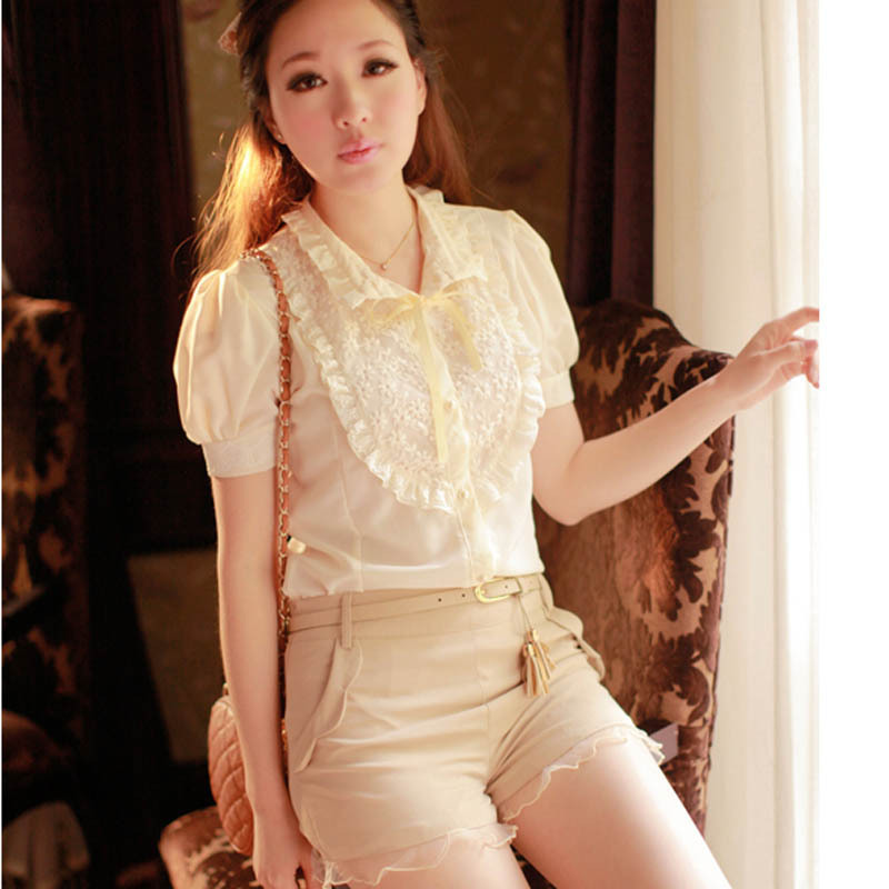 2012 summer women's sweet gauze ruffle hem wave edge pocket shorts belt love888