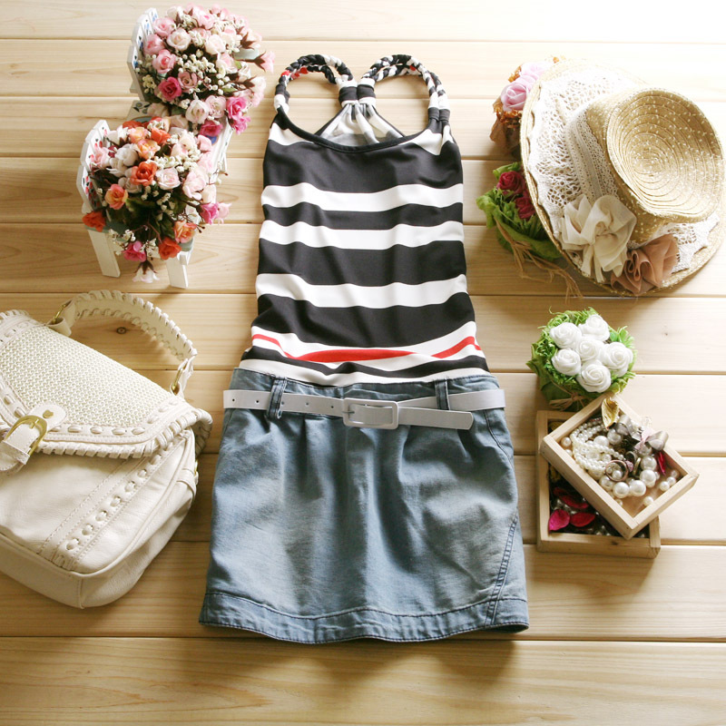 2012 summer women's vivi stripe patchwork denim skirt casual slim one-piece dress suspender skirt