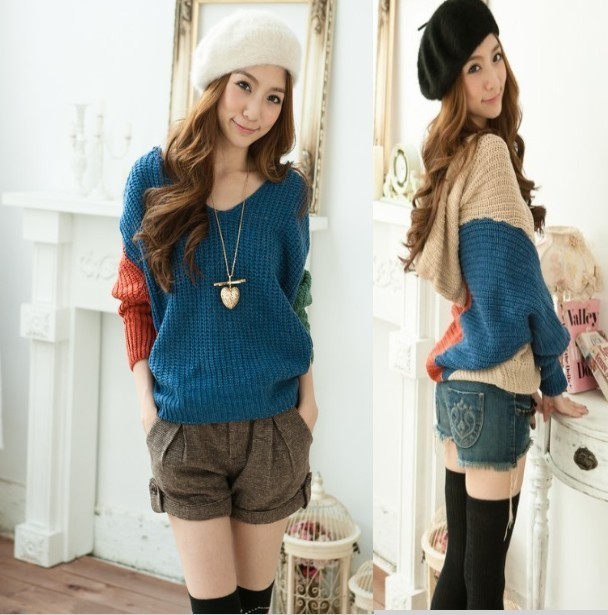2012 sweater female loose batwing sleeve color block decoration with a hood knitted sweater outerwear female batwing shirt