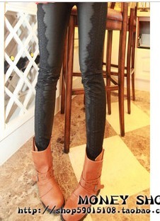 2012 sweet all-match Women legging eyelash lace patchwork leather pants legging