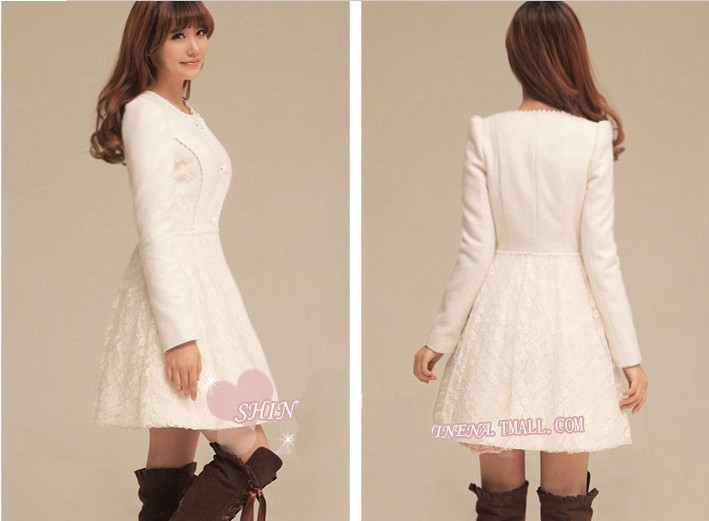 2012 Sweet Autumn LADIES NEW WHITE LACE wool coat sleeve wool coat