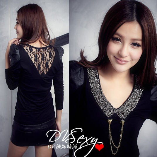 2012 sweet beaded elegant sexy lace patchwork leather puff sleeve t-shirt top
