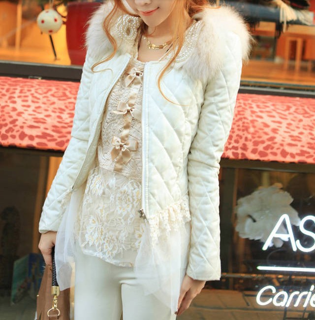 2012 sweet beading genuine fur collar cotton wadded jacket women coat lady outerwear,white,drop free shipping