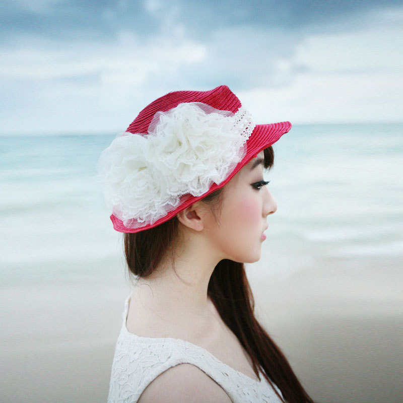2012 sweet beautiful woman summer lace flower beads beach sunbonnet strawhat c1t0799 , free shipping