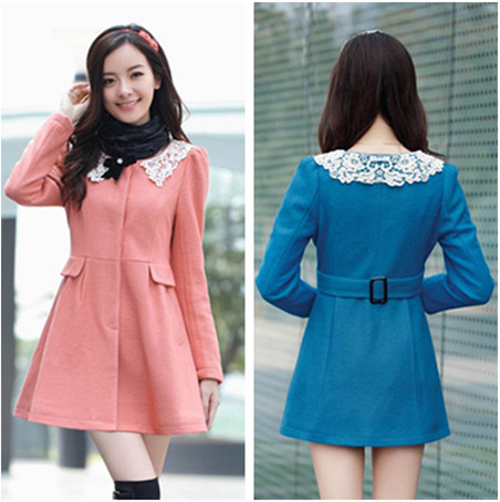 2012 sweet lace fashion slim elegant wool woolen overcoat trench outerwear
