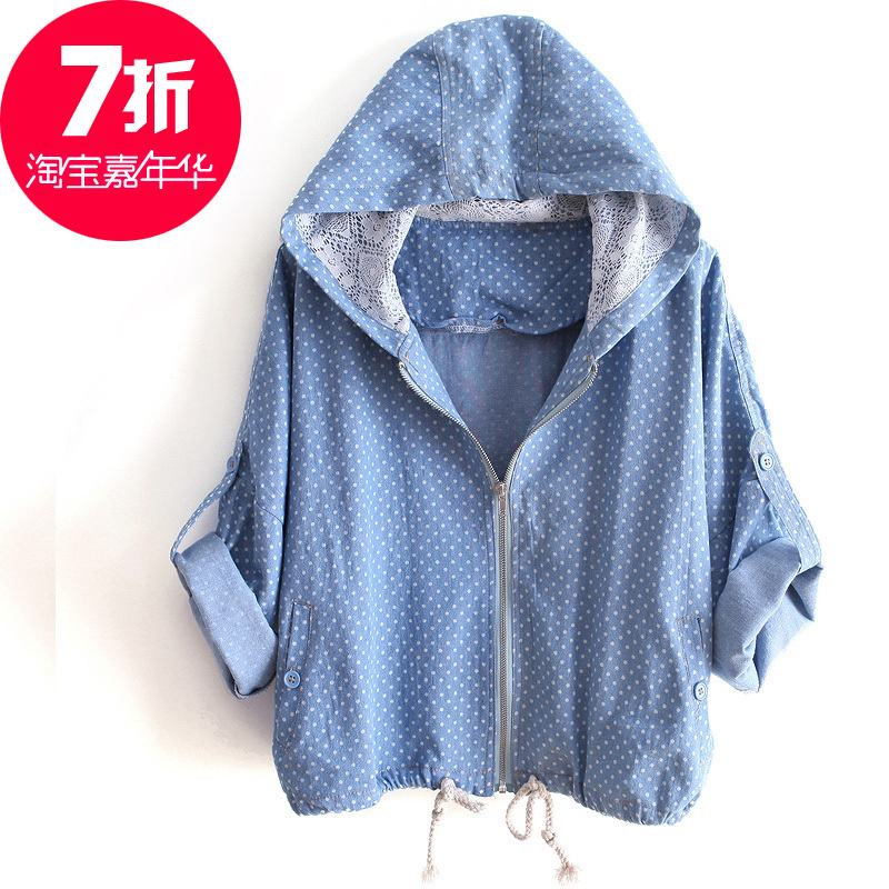 2012 sweet polka dot print with a hood patchwork lace zipper style loose short jacket ww2718