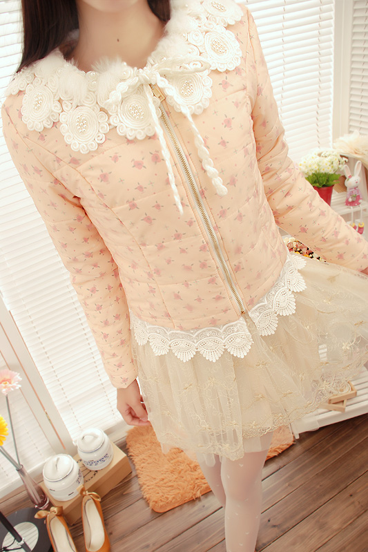 2012 sweet princess lace crochet peter pan collar cotton clothes cotton-padded bread service outerwear
