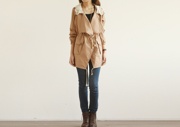 2012 sweet the disassemblability lace turn-down collar drawstring lacing trench outerwear