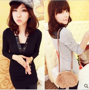 2012 t426 women's faux leather patchwork fashion slim basic T-shirt long-sleeve shirt