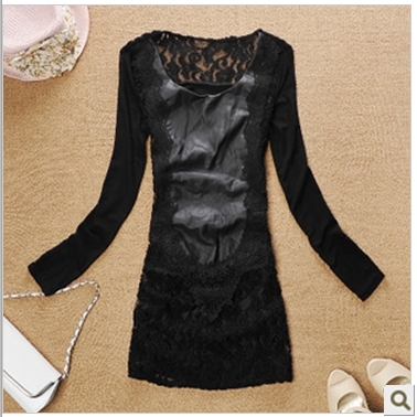 2012 thickening thermal women's quality fashion medium-long faux leather chest long-sleeve T-shirt