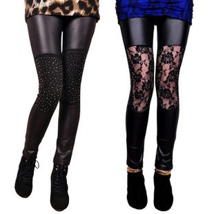 2012 thin knee lace rhinestone faux leather ultralarge elastic black legging female 007