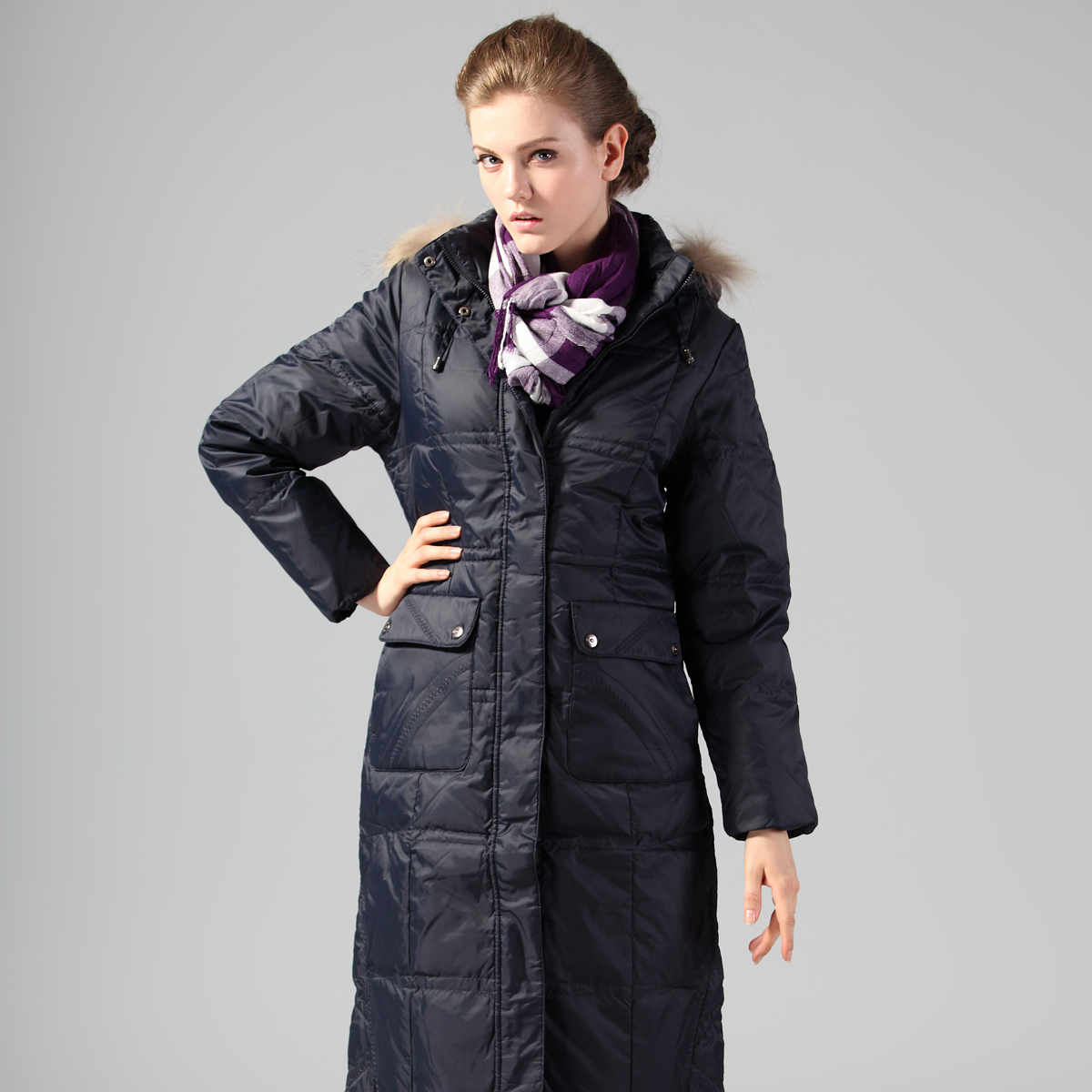 2012 thin women's fashion X- long design fur collar plus size down coat Parkas overcoat hooded jacket