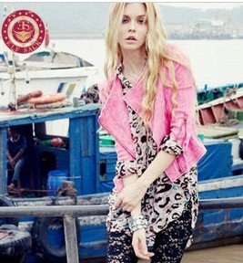 2012 time summer fashion motorcycle denim irregular slant collar pink outerwear blazer 1 one -piecePL12062914