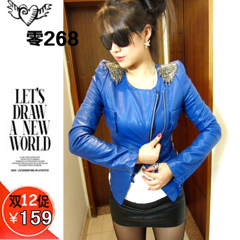 2012 tube beads epaulette slim zipper motorcycle outerwear leather clothing female