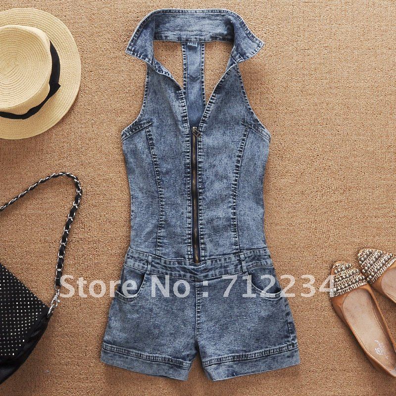 2012 turn-down collar denim jumpsuit female jumpsuit sleeveless mid waist denim jumpsuit#25