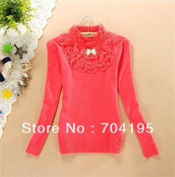 2012  turtleneck sweet knitwear gentlewomen lace bow short design shirt basic shirt sweater Chrismas gifts