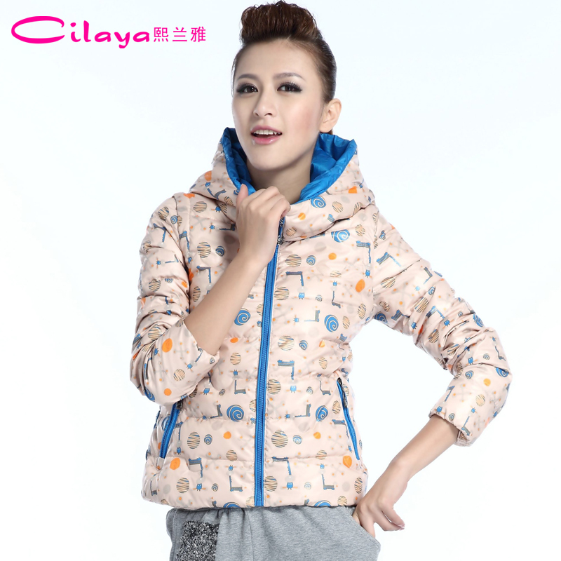 2012 two ways cartoon graphic patterns with a hood female short design slim down coat c2129