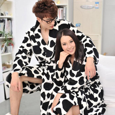 2012 ultra soft cartoon cow pattern thickening coral fleece lovers bathrobe set