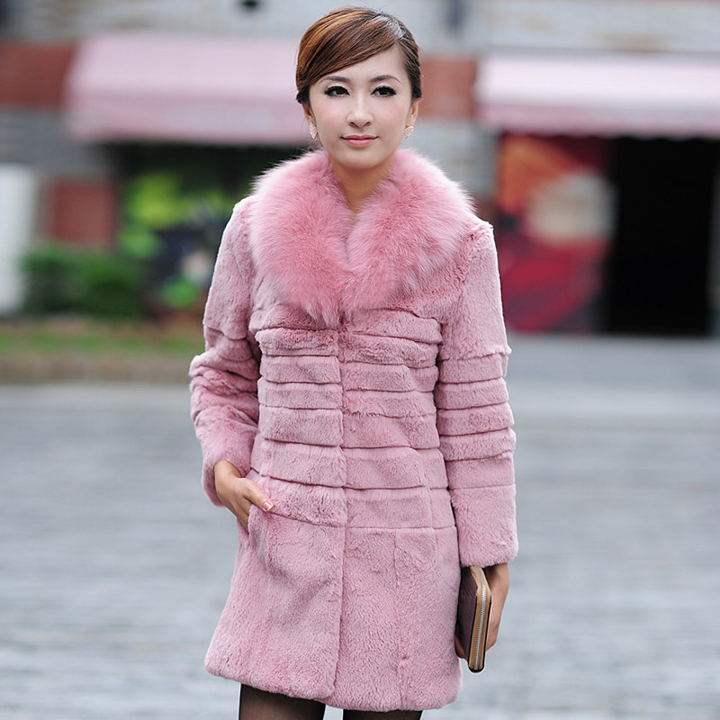 2012 Unbeliveble design ladies fox fur neck rabbit fur overcoat pink/black/sand soft rabbit fur long winter coat