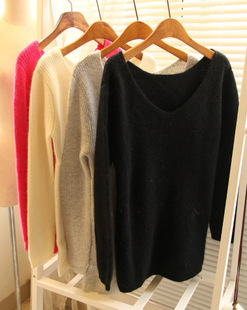 2012 V-neck rabbit fur medium-long solid color simple knitted basic top free shipping