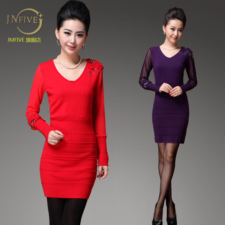 2012 V-neck slim medium-long thick long-sleeve sweater autumn and winter lace one-piece dress