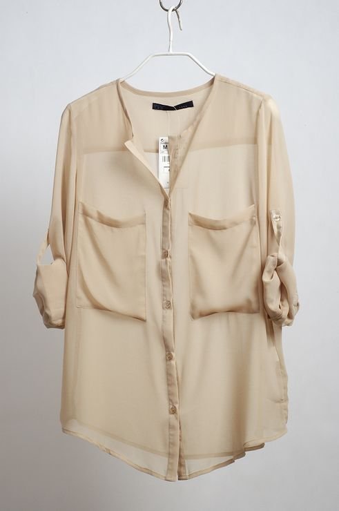 2012 Vintage Chiffon Shirt Womens' Tops Ladies' Long-sleeve Loose Thin Blouses Nude-color White Big Pockets Summer Casual Shirt