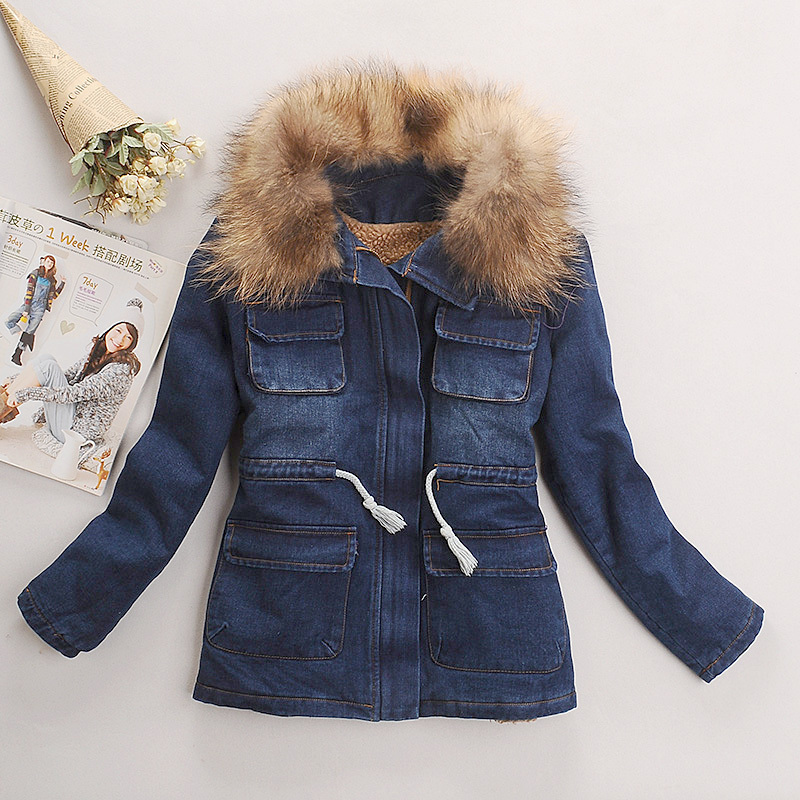 2012 vintage large fur collar pocket berber fleece liner slim waist thickening denim wadded jacket outerwear