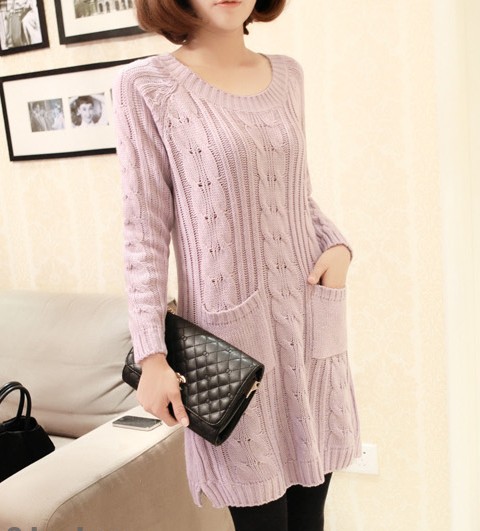 2012 vintage loose casual all-match large pocket twisted belt sweater knit dress one-piece dress female