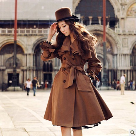 2012 vintage women's medium-long double breasted slim casual overcoat trench free shipping N402
