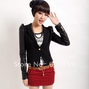 2012 VOGUE ladies Fashion Brand Splice PU leather+Cotton skinny suit jacket,fashion outwear&coat,Asian:M-XL,Black,#1187