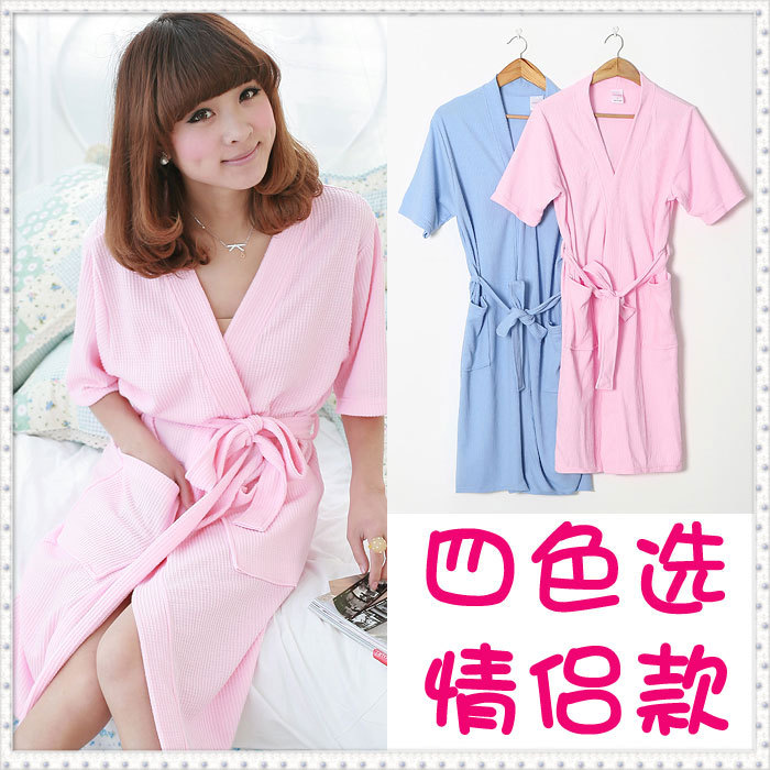 2012 waffle summer 100% cotton 100% cotton short-sleeve lovers bathrobe robe waste-absorbing