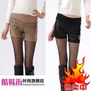 2012 water washed leather shorts elastic waist female PU woolen shorts boot cut jeans culottes female