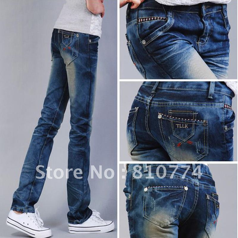 2012 wearing white straight jeans female mid waist plus size slim casual long trousers