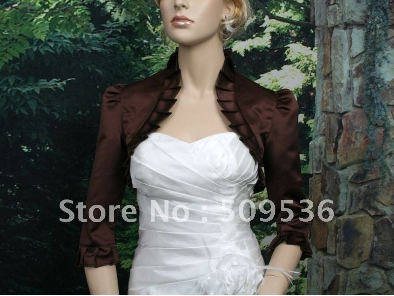 2012 Wedding Jackets  Brown 3/4 sleeve satin wedding bolero jacket shrug 008Main  Size:S,M,L,XL