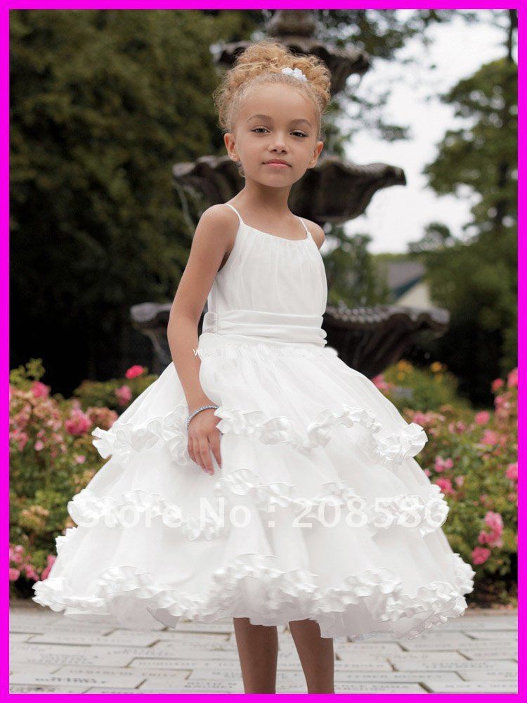 2012 white ball gown knee-length tiered tulle flower girl dresses wear spaghetti straps F087