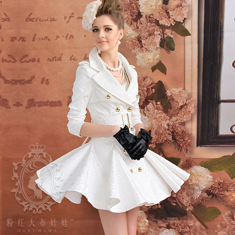 2012 white jacquard slim expansion bottom double breasted large lapel long-sleeve trench