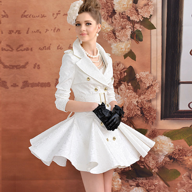 2012 white jacquard slim expansion bottom double breasted large lapel long-sleeve trench