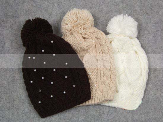 2012  Wholesale Solid Color Adult  Hat 10 pcs/lot  Twieted Knitted  Headdress Women  Cap Pearl Drill  Skull Cap