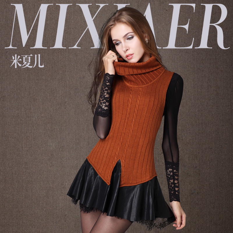 2012 winter all-match pleated involucres lace sweep sleeveless tank dress turtleneck sweater dress long design