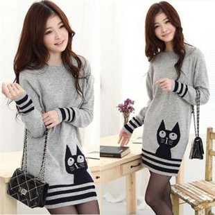 2012 winter all-match top sweet cat o-neck long design sweater female