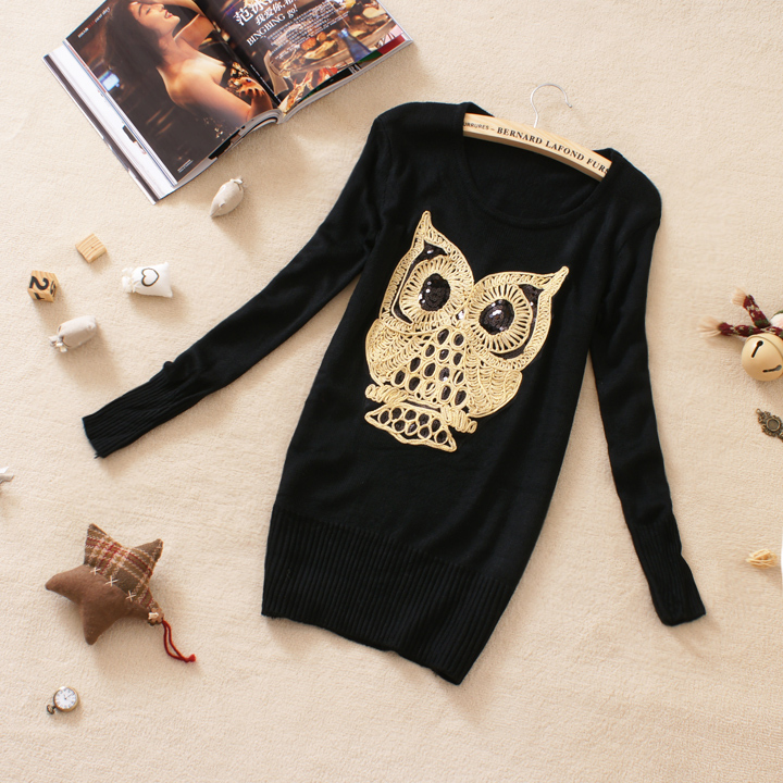 2012 winter black women's Sequins owl fashion medium-long slim sweaters,lady pullovers,women's jacket