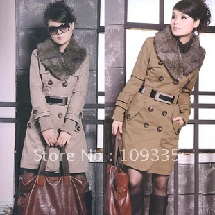 2012 winter brief winter double breasted thermal thickening wadded jacket fur collar long design trench outerwear