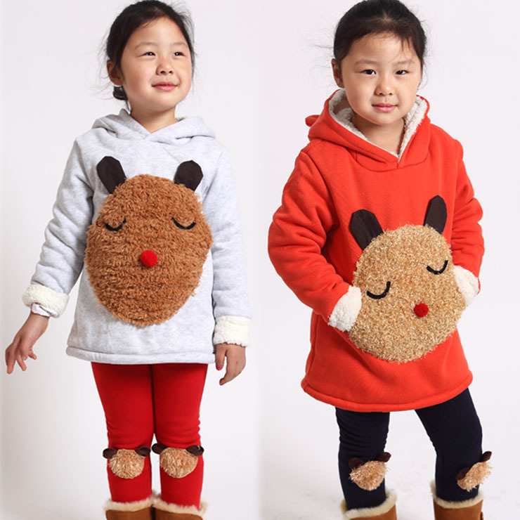 2012 winter cartoon bear style pocket long design sweatshirt berber fleece female child hooded outerwear Free Shipping